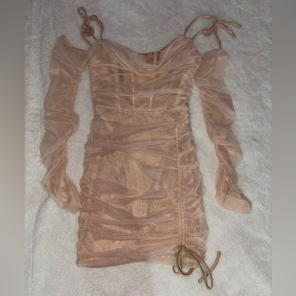 Oh Polly, Tie Mesh Mini Dress, color Sand size US 2
